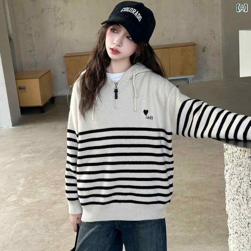 ・カテゴリ: 子供用セーター・対象性別: 女・生地加工: 柔軟加工・スタイル: 韓国風・対象年齢: 中大童（8歳以上、140cm以上）・毛糸の太さ: 普通・厚さ: 普通・袖丈: 長袖・留め具: プルオーバー・柄: ボーダー・ネックライン: フード付き・フード: 有（取り外し不可）・カラー展開: ハートフードモデル・対応身長: 120cm、130cm、140cm、150cm、160cm、170cm