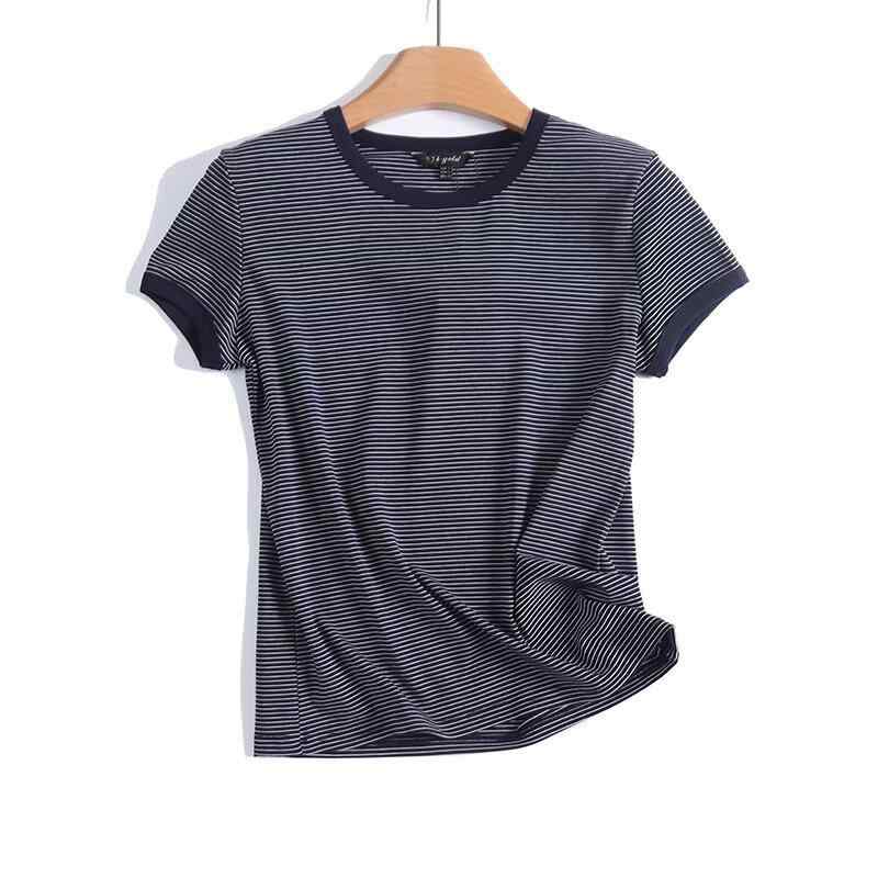 Tシャツ レディース 春夏 トップス 半袖 ラウンドネック ストライプ 通勤服 カジュアル