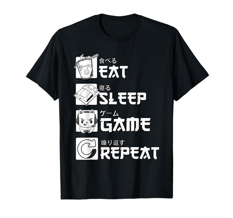 睡眠ゲームを食べる漢字ビデオゲーマーを繰り返す Tシャツ
