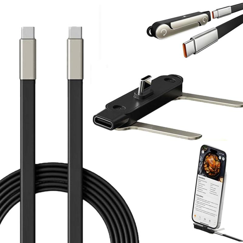 Houdsuem デタッチャブルデザインの折りたたみスタンドデータ線付き USB-CからUSB-Cケーブル 240W PD急速充電と480Mbpsデータ転送が可能なインビジブルホルダー充電ケーブル