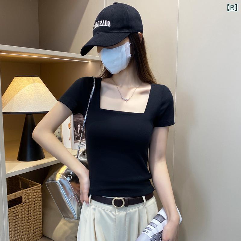 Tシャツ レディース 半袖 スクエアネック Uネック トップス インナー スリム タイト 白 鎖骨見せ 春夏 シンプル カジュアル 伸縮性 putera-10458205 GRATIQUE MIEI サンプル画像3