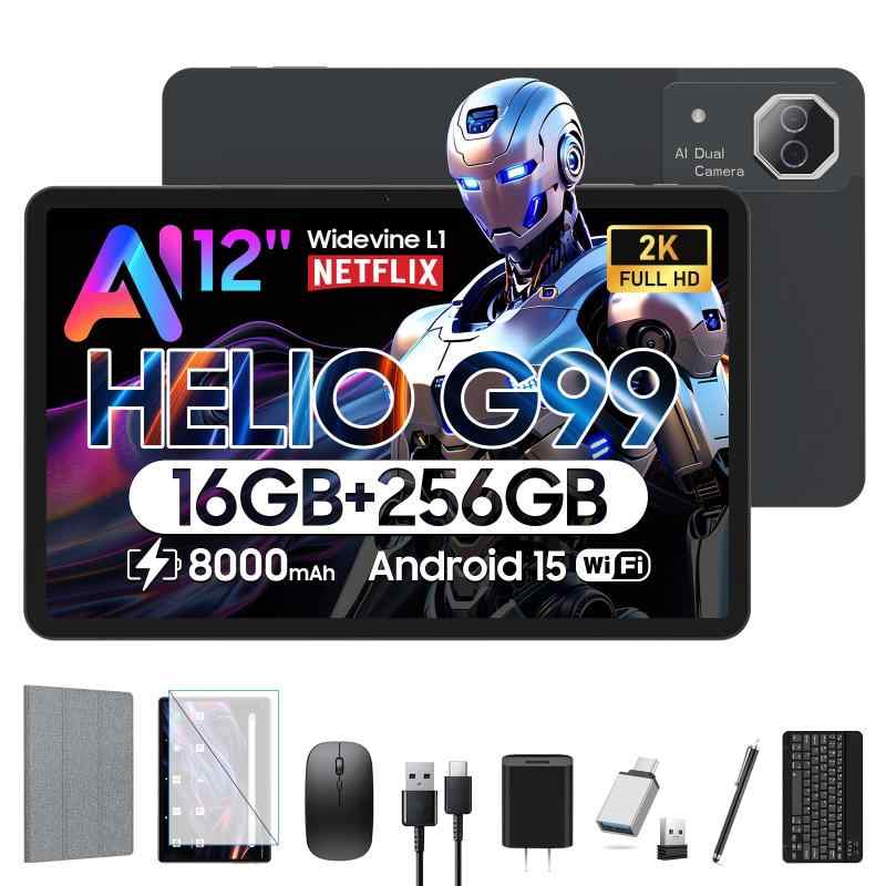 【豪華セット版】FEONAL Android 15 タブレット 12インチ G99 高性能CPU 2K IPS大画面 AI機能 8000mAh+PD18W 急速充電 アンドロイド15 タブレッ ト Widevine L1対応 16GB+256GB+1TB