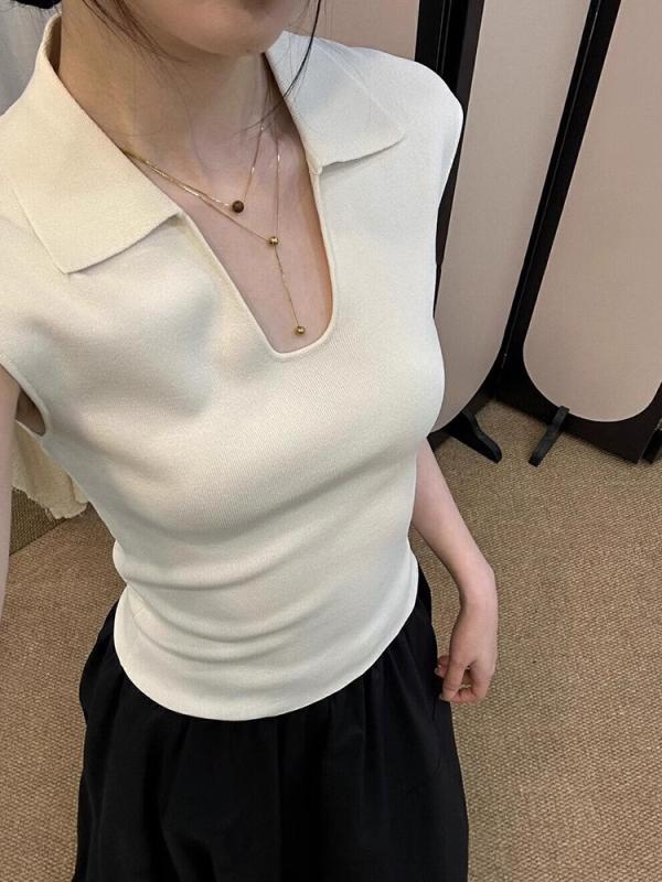 Tシャツ レディース 接触冷感 ポロネック ニット ノースリーブ トップス カットソー プルオーバー インナー 無地 薄手 伸縮性 ストレッチ スッキリ 細見え タイト スリム フィット カジュアル 杏 アンバー アイボリー