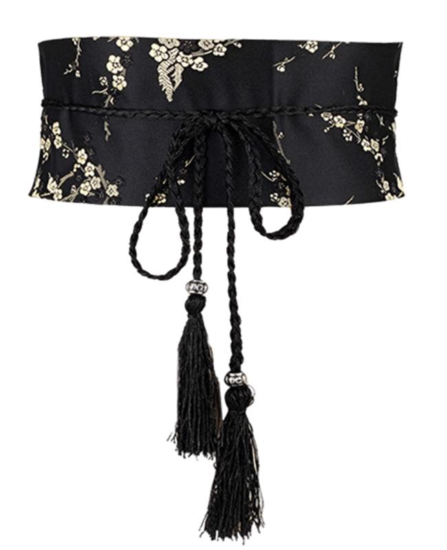 [JK Home] サッシュベルト 和風 レディース ベルト ウエストバンド 浴衣帯 結び帯 サテン リボン 刺繍 梅 黒 大きい 太め 花火大会