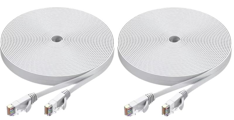Rakuten - 有線LANフラットケーブル CAT6対応 スリムタイプ (2本, ホワイト, 20m)