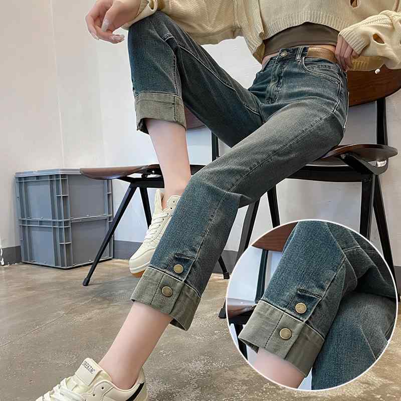 ・カテゴリ: デニムパンツ・素材: 綿（30%以上50%未満）、ポリエステル（30%以上50%未満）・スタイル: ヴィンテージ・レトロ風・パンツ丈: 九分丈・ウエスト: ハイウエスト・厚み: 普通・シルエット: ストレート・デザイン特徴: ボタン、グラデーション染め・伸縮性: ややあり・カラー展開: セメントグレー、ブラック・サイズ展開: XS、S、M、L、XL、2XL