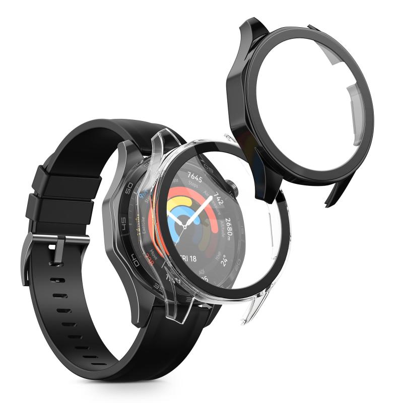 kwmobile 2x ケース Huawei Watch GT5 46mm対応 カバー - フルボディ ガラス 耐衝撃 超薄型 透明/黒色
