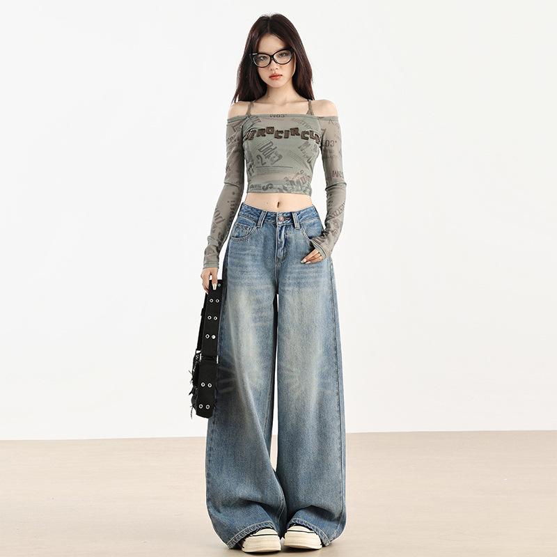 ・カテゴリ: デニムパンツ・素材: デニム（綿50%以上70%未満）・スタイル: キレカジ、通勤風・パンツ丈: フルレングス・ウエスト: ハイウエスト・デザイン: ワイドパンツ・仕様: ジッパー、ウォッシュ加工・カラー展開: ライトブルー、ダークブルー・サイズ展開: XS、S、M、L、XL、2XL、3XL、4XL・伸縮性: なしな