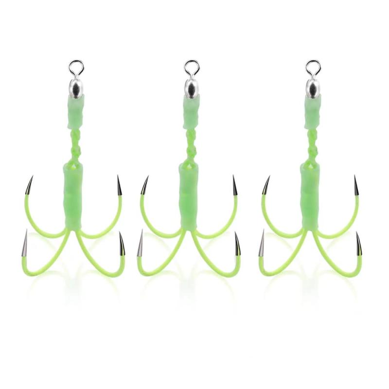 遊心館釣具 タチウオ ジグアシストフック蓄光仕様（2サイズ）3本/6本/10本 ワイヤー芯入アシストPE採用 太刀魚四本鈎 リアフック