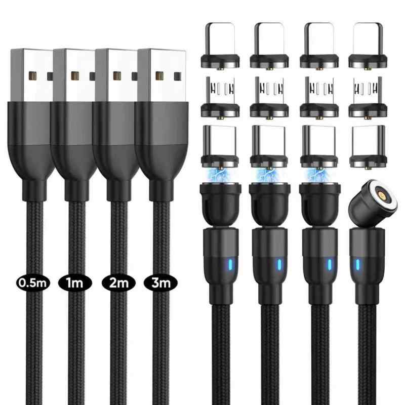 マグネット式充電ケーブル タイプC 540°回転 (4本パック、0.5m+1m+2m+3m) ナイロン編み USB C ケーブル、3 in 1 マグネット式電話充電コード マイクロUSB/タイプC/iPruductデバイス用