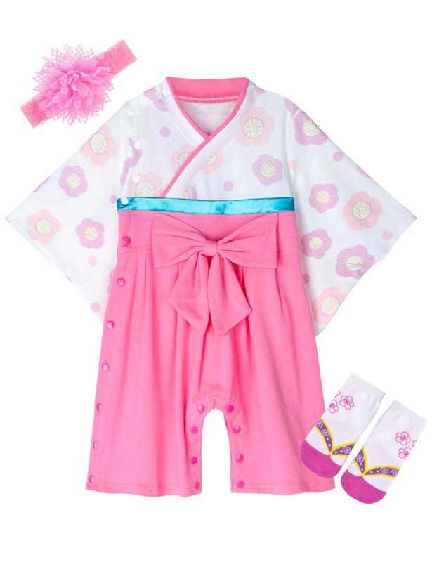 [SHELISTEN] ベビー袴 女の子浴衣 ロンパース 綿100% フォーマル着物 三点セット ヘアバンド付き 靴下付き 70 80 90 95