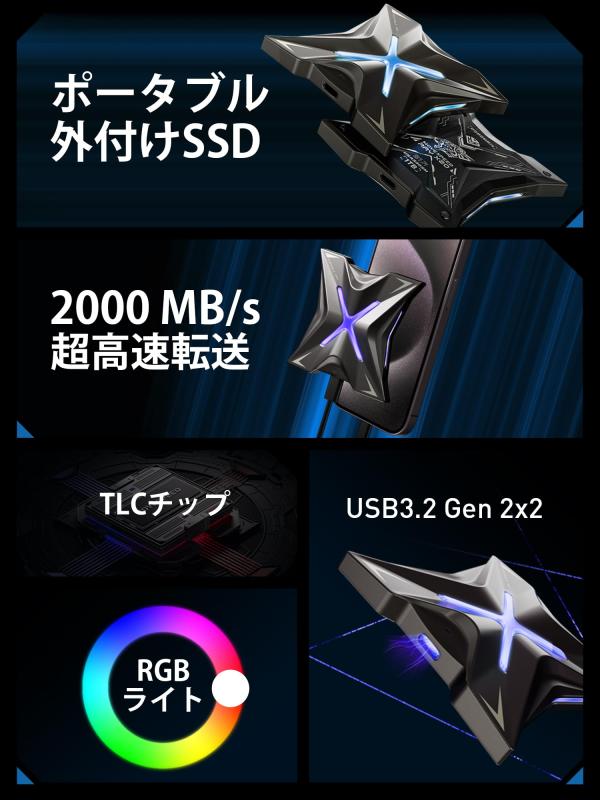 MOVE SPEED SSD 外付け USB3.2 Gen 2x2 読出最大2000MB/秒 防滴防塵耐衝撃 外付け ポータブルSSD V2 Win Mac PS4 PS5 エコパッケージ Ray X20シリーズ - Image 3