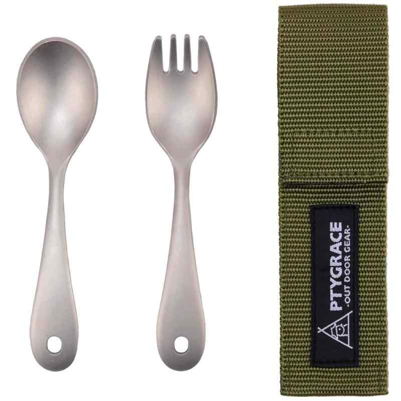 Spoon, Fork - 片力商事 PTYGRACE アウトドア チタン スプーン フォーク セット ルリール 収納ケース付 日本製