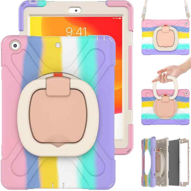 Rakuten - iPad ケース 360°回転ベルト スタンド ペンシル収納 虹色 レインボー 耐衝撃 キッズ かわいい 軽くて丈夫 子供 持ち手付き 肩掛け 斜め掛け 落下防止 ストラップ ショルダーストラップ リング