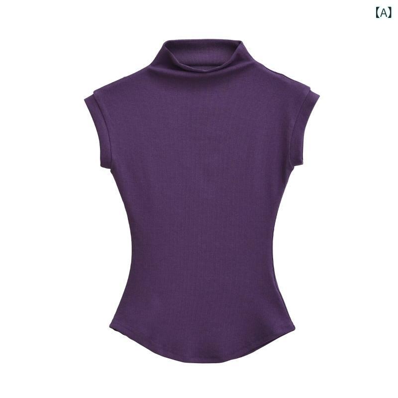 GRATIQUE MIEIのタンクトップ レディース 半袖 ノースリーブ Tシャツ インナー トップス カットソー ハイネック モックネック タイト フィット ストレッチ 伸縮性 無地 シンプル カジュアル 普段使い インナーシャツ アンダーウェア 春夏 サマー｜アングル2