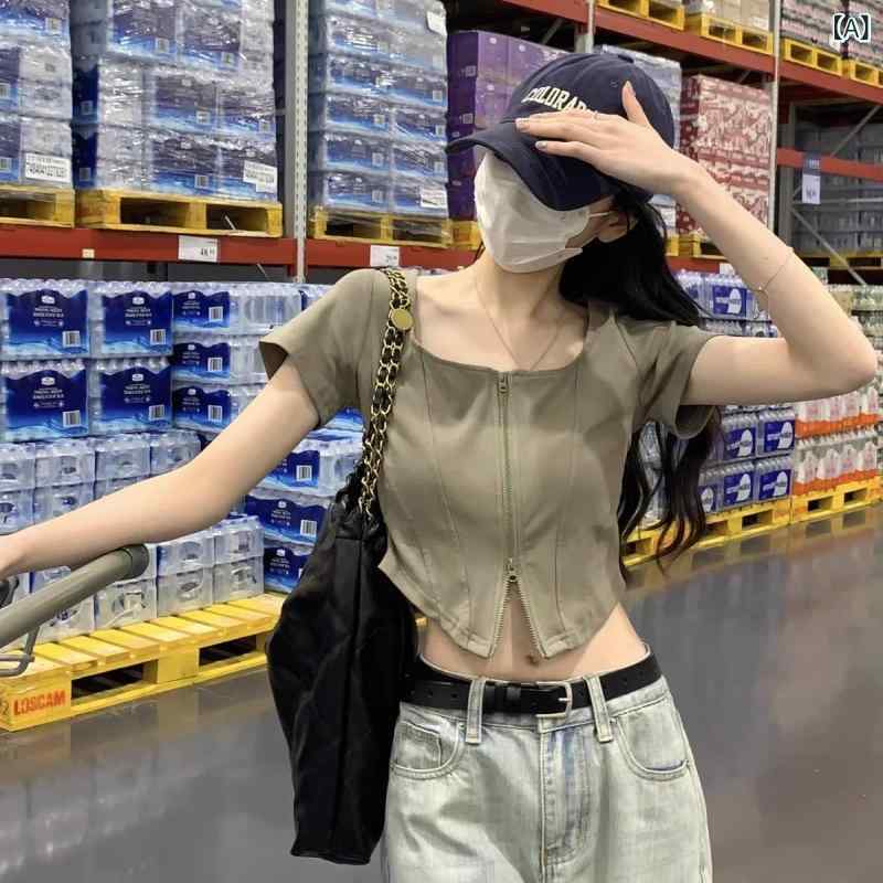 ・カテゴリ: Tシャツ・スタイル: ストリート、トレンド・主な素材: 綿95%以上・柄: 無地・デザイン: プルオーバー・袖丈: 半袖・仕様: ファスナー、ダブルラミネート加工・シルエット: スリムフィット・着丈: ショート丈（40cm以下）・ネックライン: スクエアネック・袖の種類: レギュラースリーブ・カラー展開: カーキ、ホワイト、ブラック・サイズ展開: フリーサイズ（推奨体重40-60kg）
