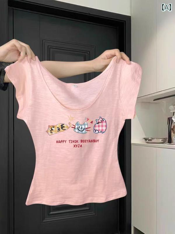 ・カテゴリ: Tシャツ・スタイル: 通勤風、甜美清新・主な素材: 竹节棉（綿50%以上70%未満）・ネックライン: Uネック・袖丈: 半袖・袖の種類: 常規袖・柄: アニメキャラクタープリント・シルエット: スリムフィット・着丈: ショート丈（約40cm〜50cm）・カラー展開: ピンク、ブラック、ホワイト、アプリコット・サイズ展開: M、L、XL、XXL
