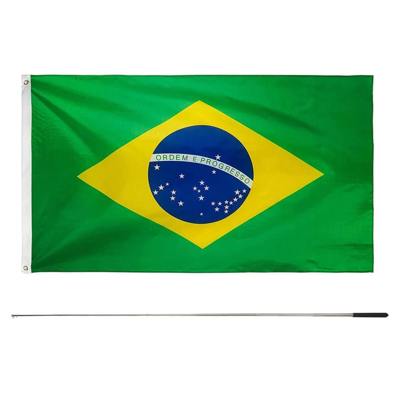Rakuten - Difounmas 国旗セット ブラジル国旗 旗棒 伸縮式 フラッグサイズ 90×150cm 伸縮旗ポール 手旗棒 155cm 国際交流 フェスティバル イベント サッカー 体育 競技 代表応援用 文化祭 装飾 パーティ運動