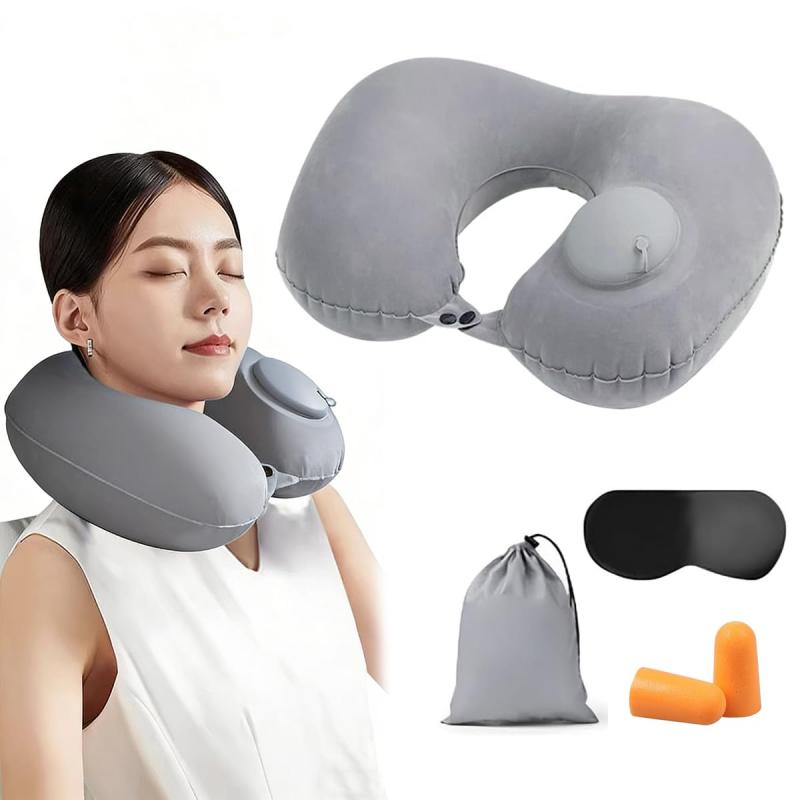nalaina ネックピロー 首枕 U 型エアーピロー 手動プレス式充気枕 軽量コンパクト 折りたたみ式 携帯便利 男女兼用 飛行機 車 オフィス 旅行用 収納袋付き アイマスクと耳栓 (グレー)