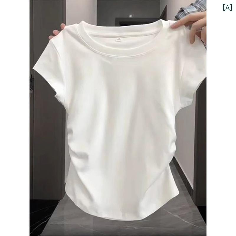 Tシャツ レディース 春夏 半袖 カットソー トップス クルーネック 丸首 綿 白 ホワイト 無地 プリーツ シャーリング ギャザー 細見え 着痩せ ウエストシェイプ カジュアル シンプル ベーシック ショートスリーブ