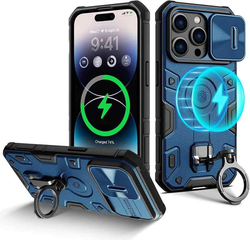 iPhoneケースリング付き[MagSafe対応] カメラカバー付き 耐衝撃 アイフォンスマホケース スライド式カメラプロテクター付き 全面保護 マグネット搭載 米軍MIL規格取得 360回転 緃置きスタンド機