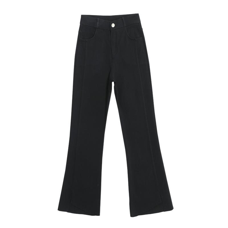 ・カテゴリ: デニムパンツ・素材: レーヨン、ナイロン（30%以下）・スタイル: カジュアル、日韓カジュアル・パンツ丈: 九分丈・ウエスト: ハイウエスト・生地の厚さ: 中等・デザイン: ポケット、スリット、フリンジ、4つボタン・カラー展開: スリットラッパパンツ、フリンジラッパパンツ、4つボタン微ラッパパンツ・サイズ展開: S、M、L、XL、XXL、XXXL・伸縮性: 高弾性・シルエット: 微フレア・加工: ワンウォッシュ