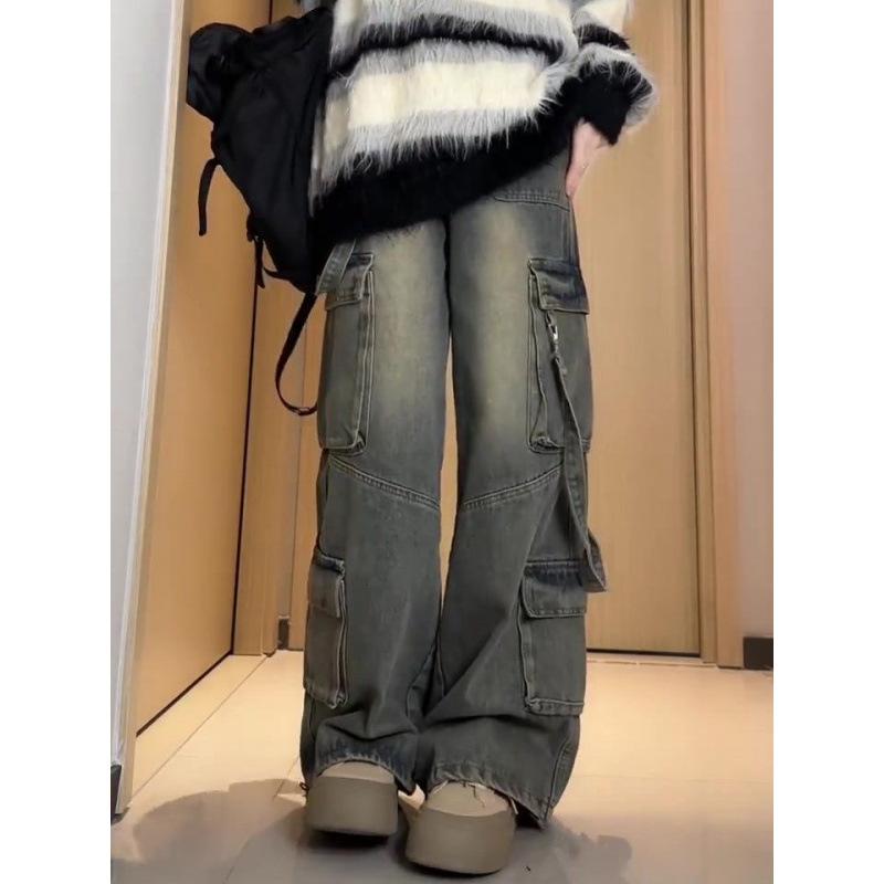 ジーンズ レディース ワイドパンツ デニム デニムパンツ ジーパン ボトムス ズボン 大きいサイズ ビッグサイズ ゆったり ぽっちゃり 体型カバー 美脚 着痩せ 細見え レトロ ヴィンテージ風 加工 古着風 ルーズ