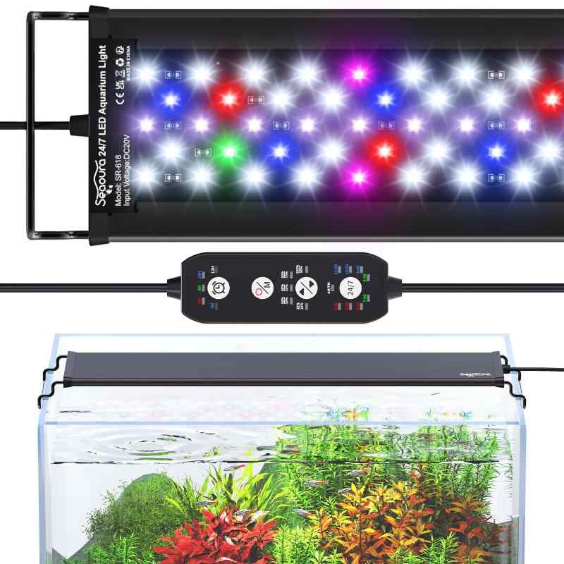 SEAOURA 水槽ライト 30-45CM水槽適用 アルミニウムメダカライト 熱帯魚LEDライト アクアリウムライト 5段階明るさ 水槽led照明 24／7照明と6H/10H/ 12Hタイマー照明モード 30cm 7色モード調整可能 自動