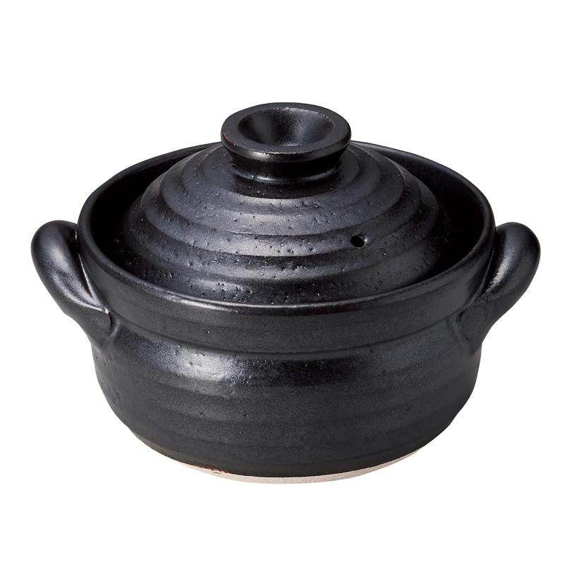 Earthen Pots - 三陶(Santo) 萬古焼 雑炊鍋 約16cm 直火 OK 黒釉 黒 日本製 18390