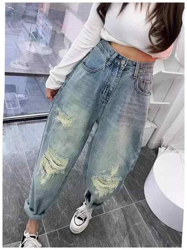 ・カテゴリ: デニムパンツ・素材: デニム、綿（30%未満）・スタイル: 通勤風、カジュアル・パンツ丈: 長ズボン・ウエスト: ハイウエスト・厚み: 普通・デザイン: ダメージ加工、ウォッシュ加工・カラー展開: ブルー・サイズ展開: S、M、L、XL、2XL、3XL・シルエット: ハーレムパンツ、ルーズフィット