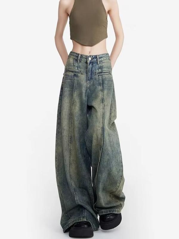 ・カテゴリ: デニムパンツ・素材: デニム（綿30%以上50%未満）・スタイル: 御姐風、個性派ストリート・パンツ丈: 長ズボン・パンツの形状: ワイドフレア・ウエスト: ハイウエスト・生地の厚さ: 中等・デザイン特徴: ユーズド加工・カラー展開: レトロブルー・サイズ展開: S、M、L、XL、2XL、3XL・伸縮性: なし・加工: 形態安定加工