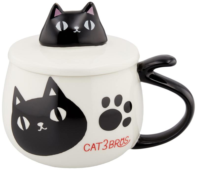 Rakuten - セラミック藍 猫3兄弟 バラエティカップ 蓋付顔マグカップ