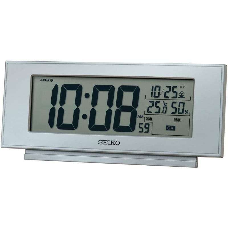 Rakuten - セイコークロック(Seiko Clock) 置き時計 銀色メタリック 本体サイズ: 7.7×17.4×3.8cm 目覚まし時計 電波 デジタル 温度 湿度 表示 快適環境NAVI
