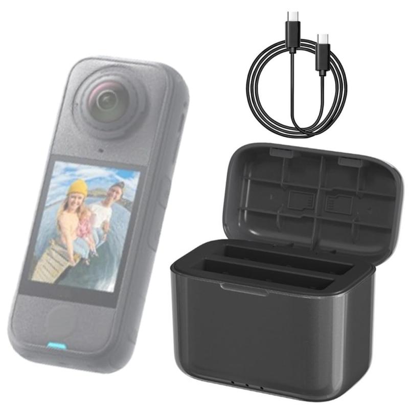 Insta360 X4 Air 対応 バッテリーチャージャー ポータブル急速充電ケース PD3.0/PD2.0 急速充電 2個バッテリ同時充電可能 USB-C充電ケーブル付き