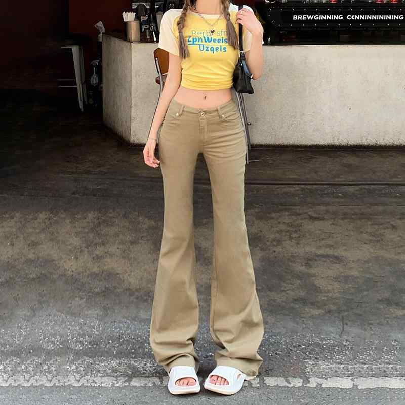 ジーンズ レディース カーキ ベルボトム デニム パンツ ジーパン ブーツカット スリム 伸縮性 ストレッチ ローライズ 脚長効果 美脚 カジュアル 普段使い 春秋 ボトムス ズボン