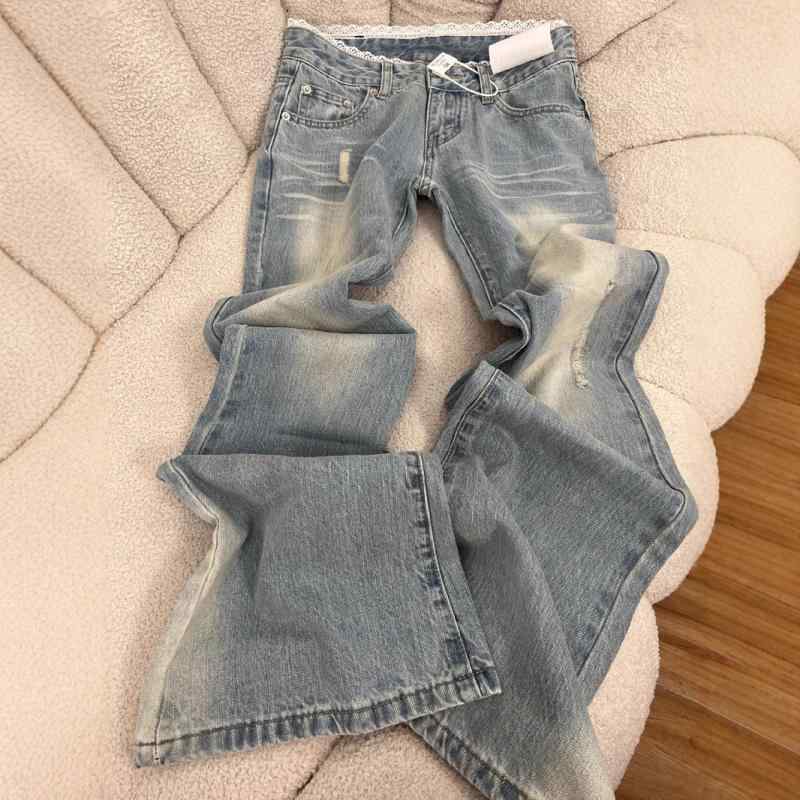 ・カテゴリ: デニムパンツ・素材: デニム、綿、ポリエステル・スタイル: コンミューター（通勤風）、フェミニン・パンツ丈: フルレングス・ウエスト: ハイウエスト・生地の厚さ: 普通・デザイン: レース、ベルボトム・カラー展開: ライトブルー・サイズ展開: S、M、L、XL、2XL、3XL・伸縮性: なし・シルエット: ベルボトム・加工: リンクルケア加工（形態安定）