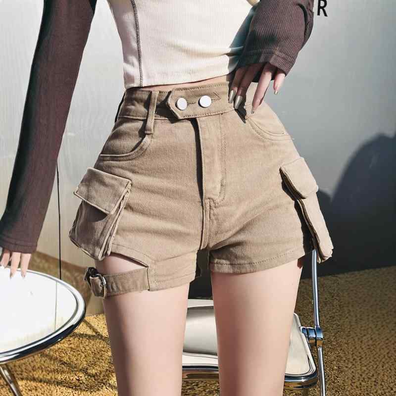 ・カテゴリ: デニムパンツ・主な素材: 綿（50%以上70%未満）・スタイル: ワイドパンツ、通勤風・パンツ丈: ショートパンツ・ウエスト: ハイウエスト・厚み: 中等・デザイン要素: ダメージ加工・カラー展開: ブラック、カーキ、コーヒー・サイズ展開: XS、S、M、L、XL、2XL・伸縮性: なし・シルエット: タイト