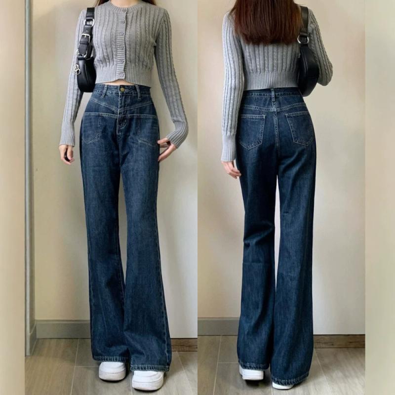 ・カテゴリ: デニムパンツ・主な素材: 綿 50%以上70%未満・スタイル: スタイル: 微喇（フレア）・パンツ丈: フルレングス・ウエスト: ハイウエスト・生地の厚さ: 普通・デザイン: 3D/立体デザイン・カラー展開: ブルー・サイズ展開: S、M、L、XL、2XL、3XL、4XL、5XL・雰囲気: フェミニン、カジュアル・シルエット: フレア・伸縮性: なしな