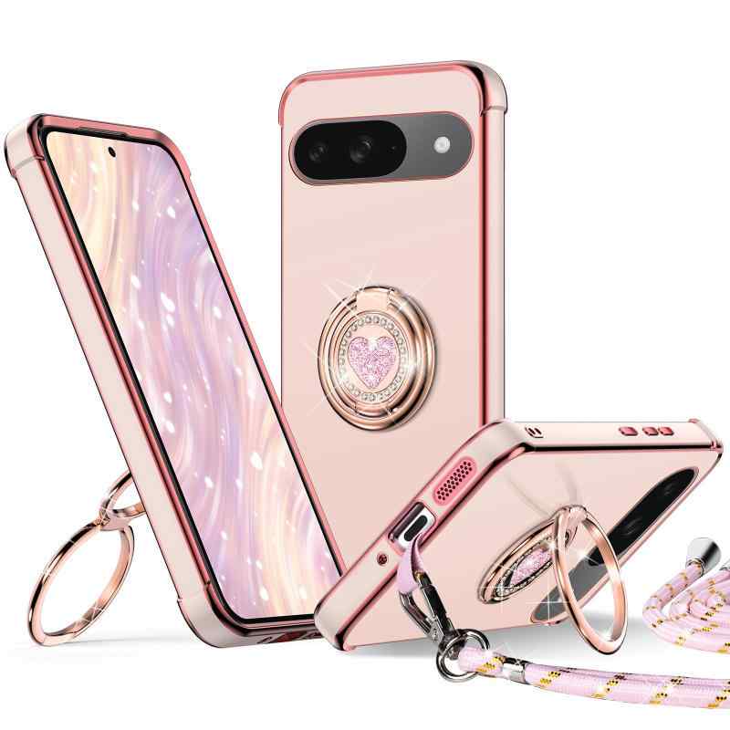 Rakuten - Rockaway Pixel 9 用 ケース ダブルリング付き ショルダー ストラップ付き 耐衝撃 薄型 軽量 紐付き 肩掛け 斜めかけ かわいい 女の子 おしゃれ スマホケース ピクセル9 カバー - ピンク