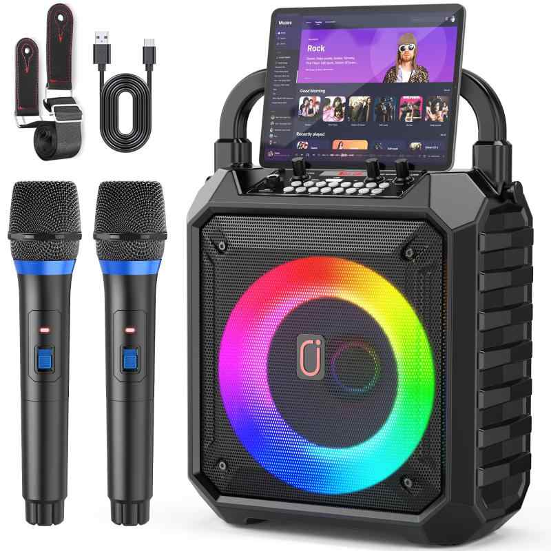 スピーカーセット カラオケセット 家庭用 拡声器 ワイヤレスマイク 2本 Bluetooth 5.0 小型 PAセット 小型 カラオケマシン ポータブルスピーカー SDカード USB AUX Android 対応 ホームパーティー/会