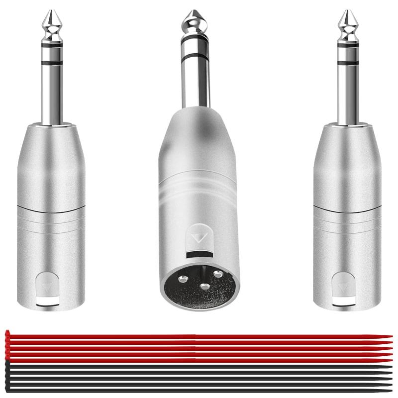 MKBKLLJY 3 個 1/4 インチ TS モノラル オスから XLR オス アダプター アンバランス 1/4 インチ 6.35mm プラグ ニッケル亜鉛合金 丸型 ケーブル タイ付き、対応 マイク アンプ スピーカー ミキシング