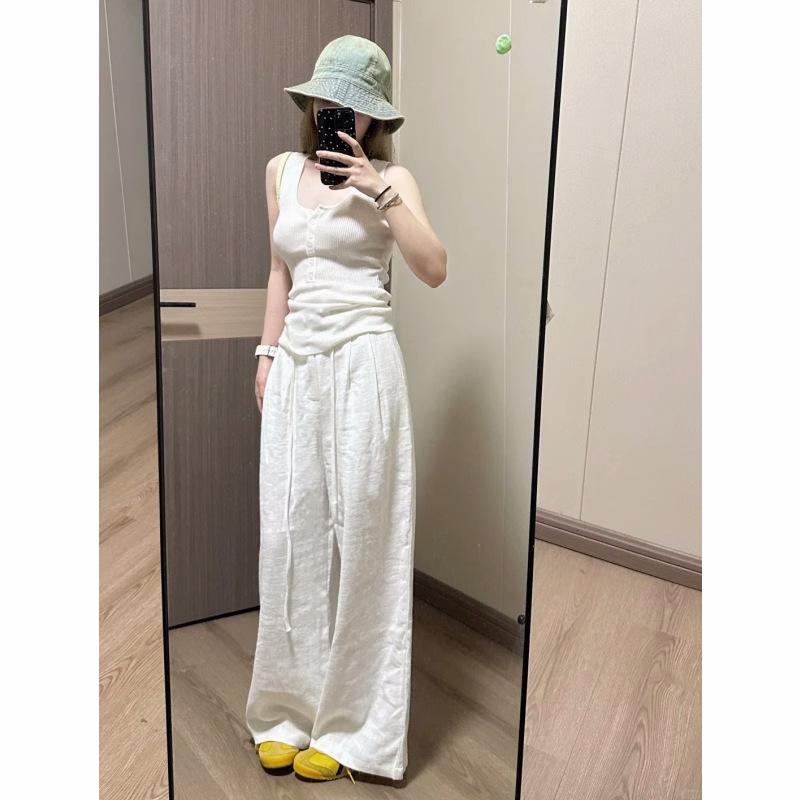 ・カテゴリ: 休闲裤（※補足：カジュアルパンツ）・スタイル: 都市風・スタイルタイプ: キレカジ、通勤風・素材: 亜麻、ラミー・パンツの長さ: ロングパンツ・パンツのシルエット: ワイドレッグ・ウエスト: ハイウエスト・厚さ: レギュラー・デザイン要素: ポケット・カラー展開: ホワイト・サイズ展開: S、M、L、XL・伸縮性: なし・対象性別: レディース・加工: ウォッシュ加工