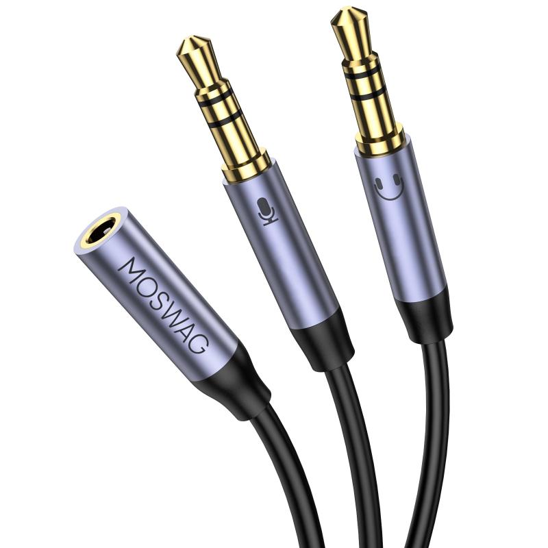 MOSWAG 이어폰 마이크 분기기 2웨이, 3.5mm 암 헤드 대 3.5mm 남성 헤드 오디오 라인 2개 금도금 보조 오디오 분기기, 노이즈 저감 기능부, PC게임/노트북에 적합하다
