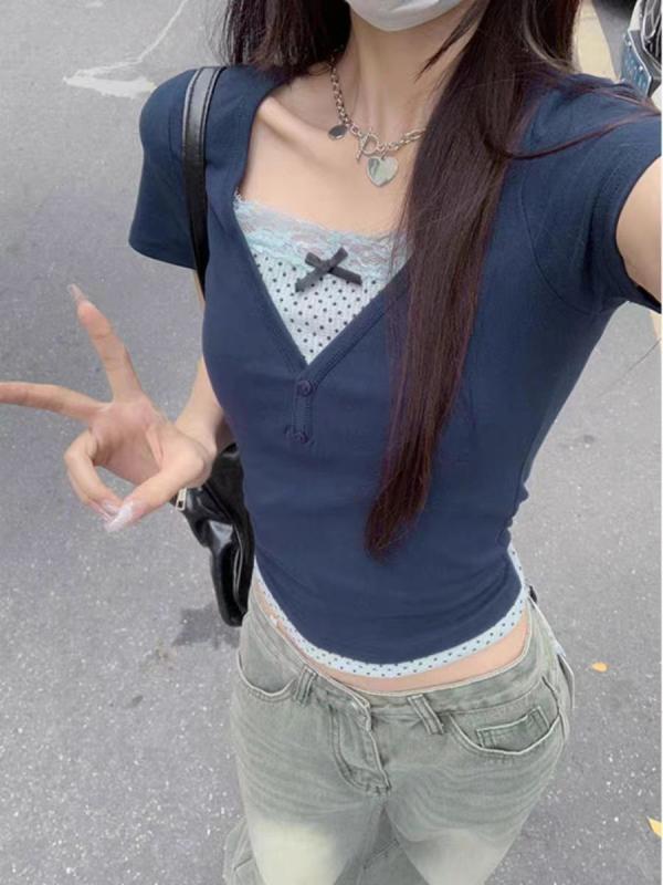 Tシャツ レディース 春夏 Vネック 半袖 トップス レース 切り替え フェイクレイヤード 水玉 ドット柄 カジュアル 通勤用 普段使い おしゃれ 大人かわいい フェミニン きれいめ デイリー ベーシック