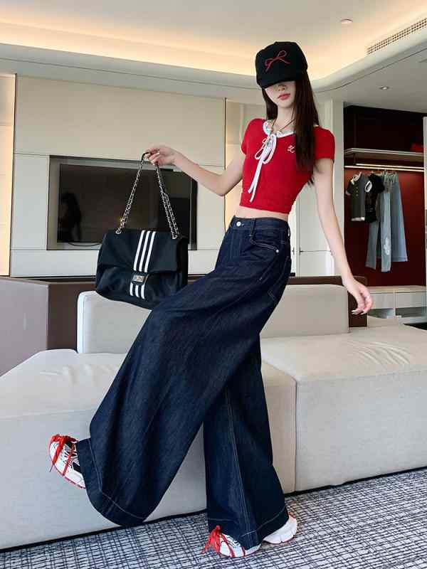 ・カテゴリ: デニムパンツ・素材: 綿50%以上70%未満、テンセル（リヨセル繊維）30%以下・スタイル: 直筒、ワイド、通勤、エレガント・パンツ丈: フルレングス・ウエスト: ハイウエスト・生地の厚さ: 薄手・デザイン要素: ボタン・カラー展開: デニムブルーレギュラー、デニムブルーロング・サイズ展開: XS、S、M、L、XL・伸縮性: なし・加工: ウォッシュ加工