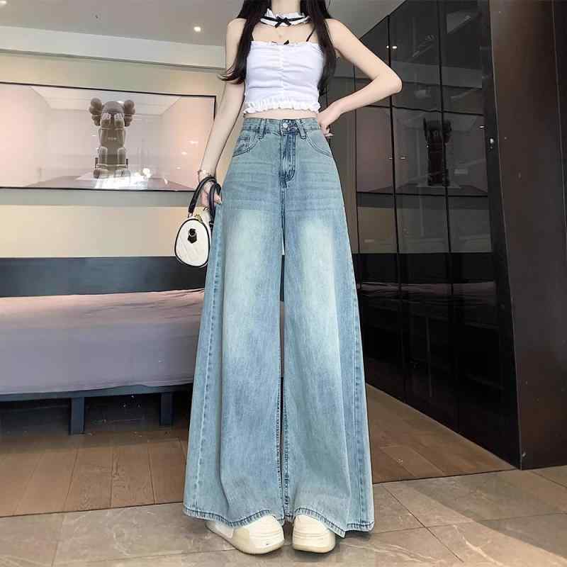 ・カテゴリ: デニムパンツ・スタイル: カジュアル・素材: デニム（綿50%以上70%未満）・デザイン: ワイドパンツ、ベルボトム・パンツ丈: フルレングス・ウエスト: ハイウエスト・生地の厚さ: 薄手・デザイン特徴: ダメージ加工、ウォッシュ加工・カラー展開: ライトブルー・サイズ展開: XS、S、M、L、XL、2XL、3XL、4XL・伸縮性: 若干あり