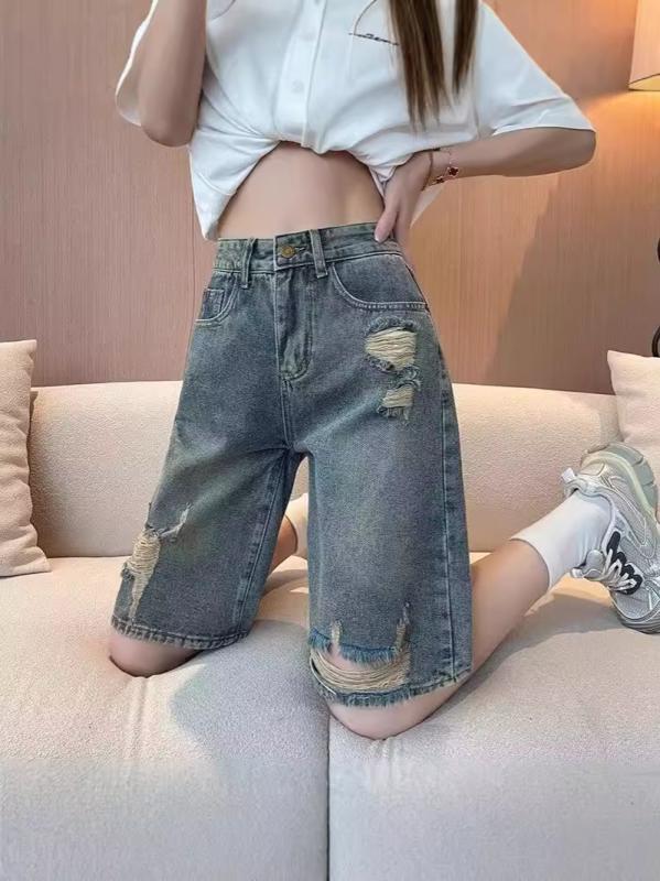 ハーフパンツ レディース デニムパンツ ショートパンツ ジーンズ 短パン 五分丈 ジーパン ボトムス ハイウエスト ダメージ加工 クラッシュ ロールアップ 薄手 涼しい 伸縮性 ゆったり ワイド シルエット Aライン 体型カバー カジュアル 通学 普段使
