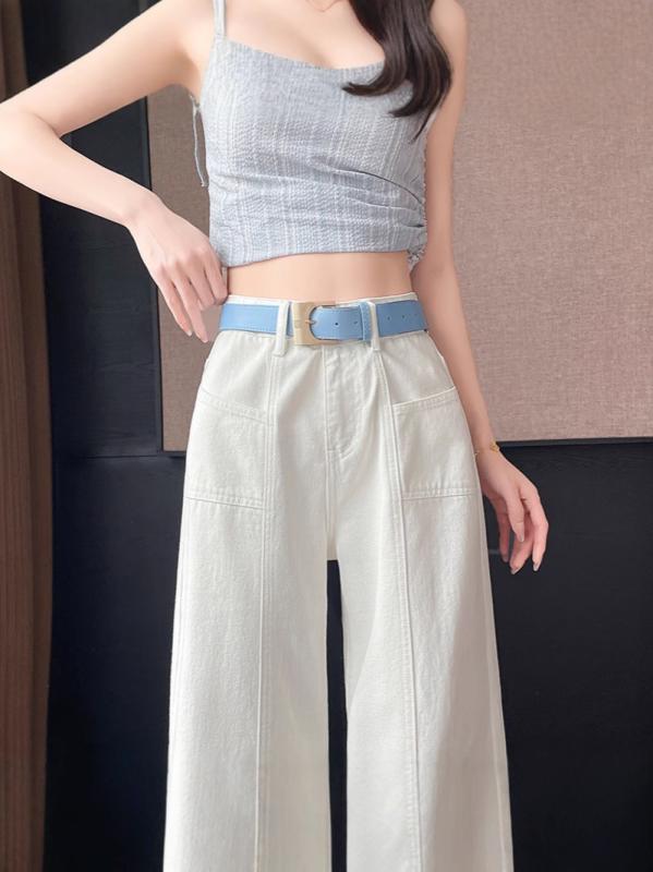 ・カテゴリ: デニムパンツ・主な素材: 綿 80%以上90%未満・スタイル: ストレート、ワイド・パンツ丈: フルレングス・ウエスト: ハイウエスト・生地の厚さ: 普通・デザイン特徴: ボタン、切り替え・カラー展開: ホワイト（レギュラー丈）、ホワイト（ロング丈）・サイズ展開: XS、S、M、L、XL、XXL・テイスト: きれいめ、通勤・伸縮性: なし