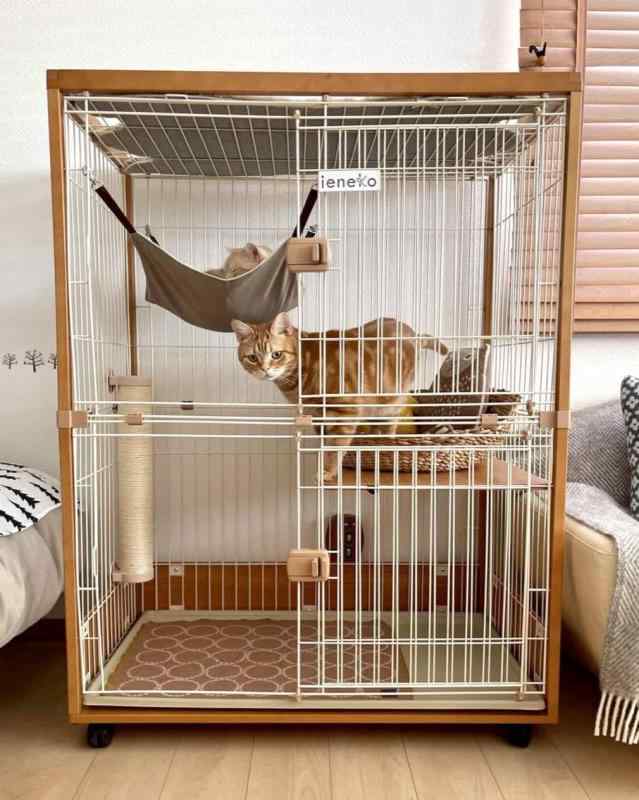 ieneko 猫 ケージ 木製 高級 移動キャスター ハンモック付き