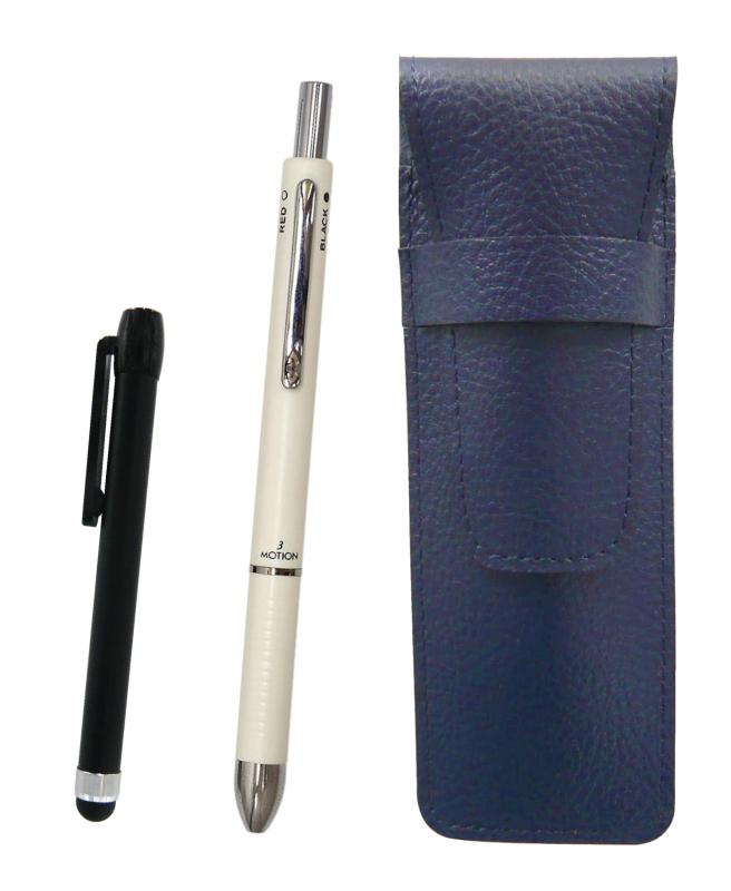 Rakuten - シボ革ペンケース青 メタルタッチ棒黒と3メカジャパンセット 白 SASL-ALB-3M-W